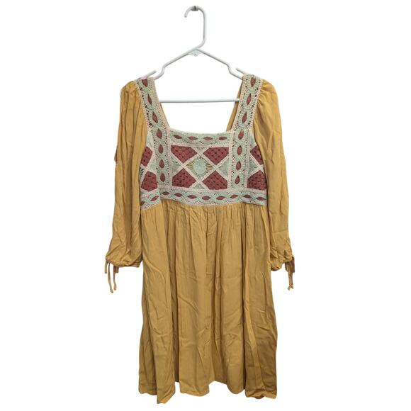 Peasant style slashed sleeves empire-waisted mustard dress w/crochet detailing S - Picture 2 of 13